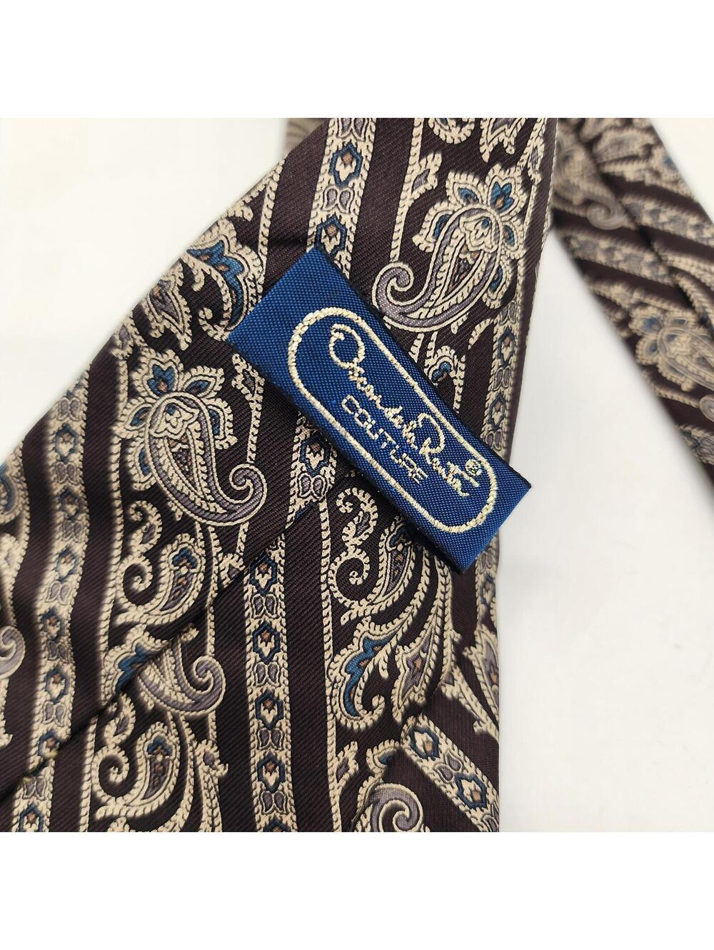 Oscar De Lenta Couture Men’s Paisley Silk Tie Brown Beige Vintage Style - Picture 2 of 6